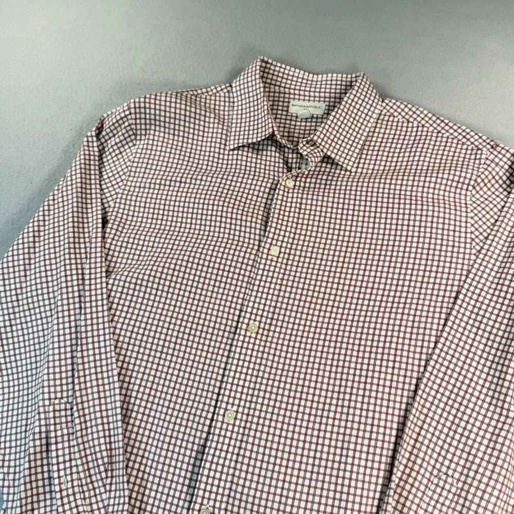 Banana Republic Mens XL Maroon White Graph Check Button Down Shirt Long Sleeve
